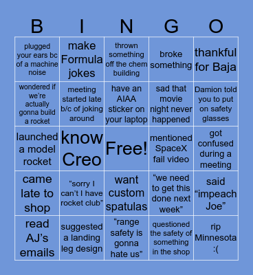 Rocket Club Bingo Card