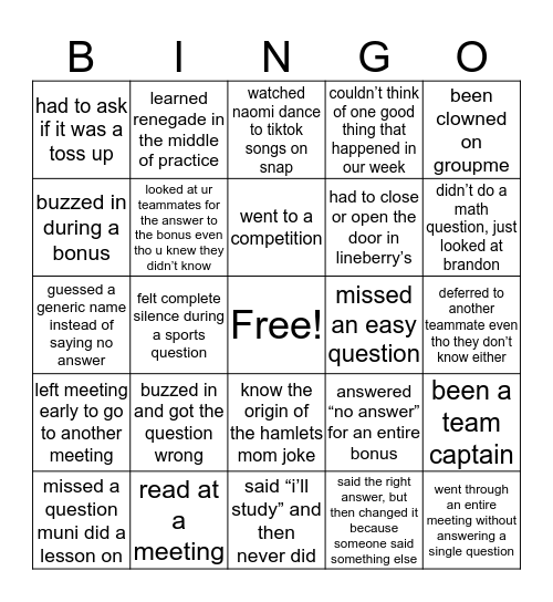 quizbowl bingo Card