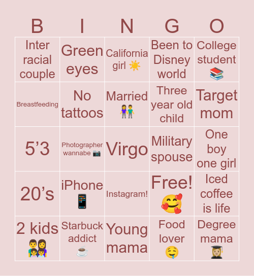 How similar are you to Christina ? Bingo Card