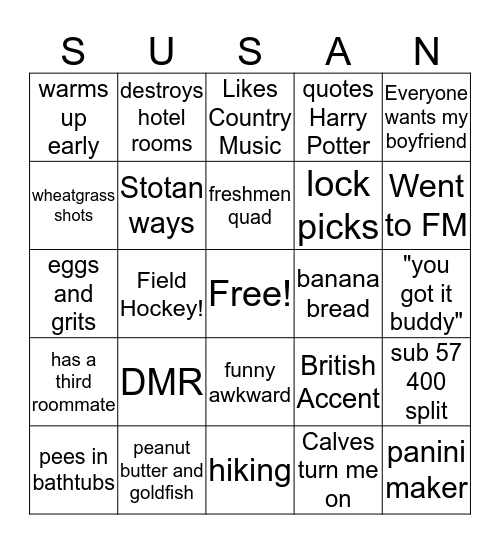 SUe Poos Bingo Card