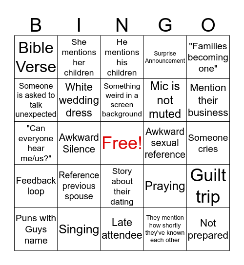 Zoom Wedding Bingo Card