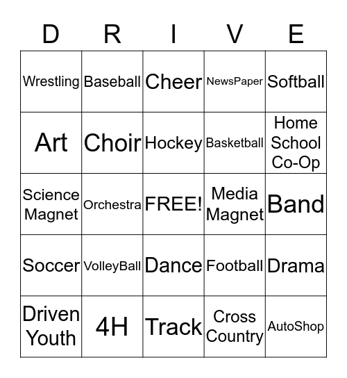 Driven Youth!!!   I'm Involved In... Bingo Card