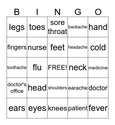 Body and Health Vocabulary Bingo Card