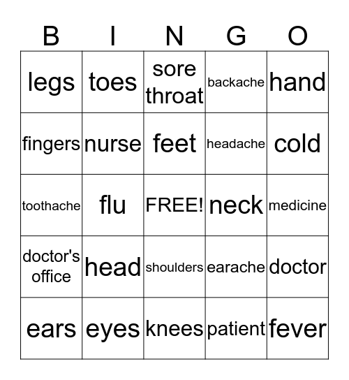 Body and Health Vocabulary Bingo Card