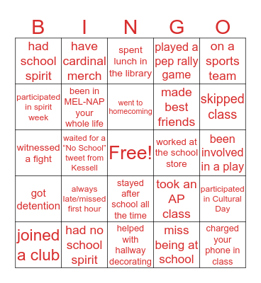 Melvindale High School Bingo Card