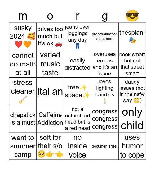 Morgan Bingo Card