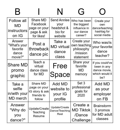 Metropolis Dance Bingo Card