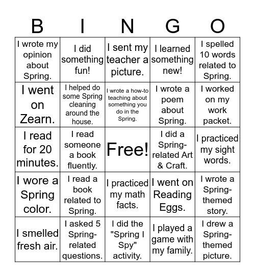Spring Break BINGO 4/6-4/10 Bingo Card
