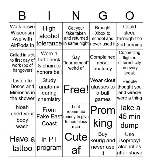 Avery Bursick Bingo Card