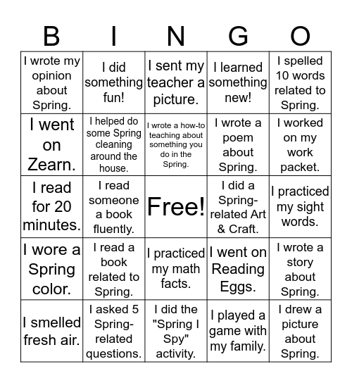 Spring Break BINGO 4/6-4/10 Bingo Card