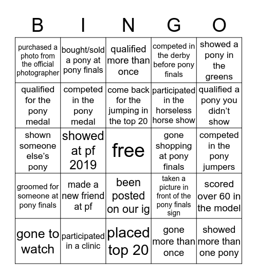 pony finals bingo! Bingo Card