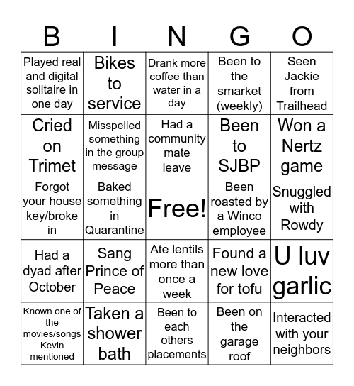 Mac House Bingo Card