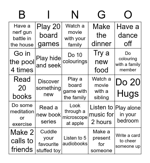 The White Family Bingo Quarantine Challenge Bingo Card
