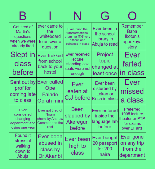 Eksu Linguistics Dept. 2014 set Bingo Card