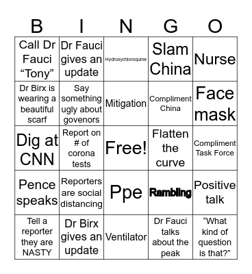 WH Coronavirus Update Bingo Card