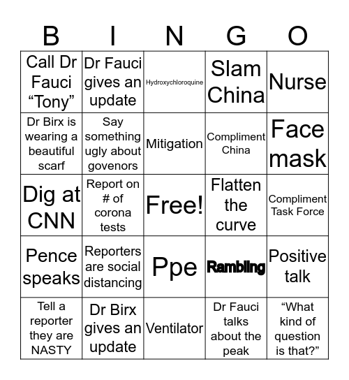 WH Coronavirus Update Bingo Card