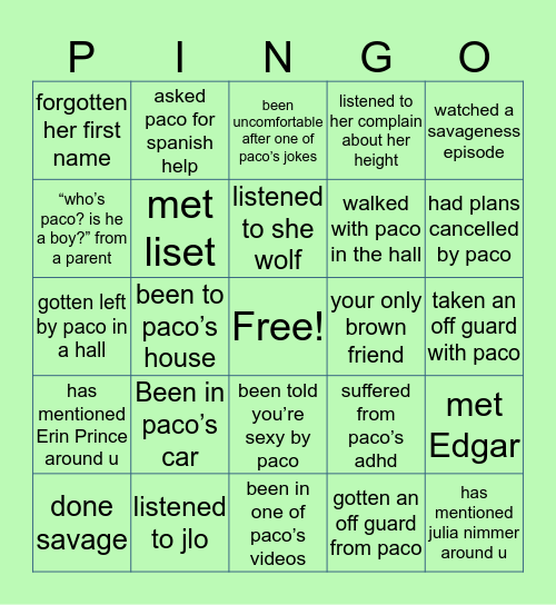 Paco’s pingo Bingo Card