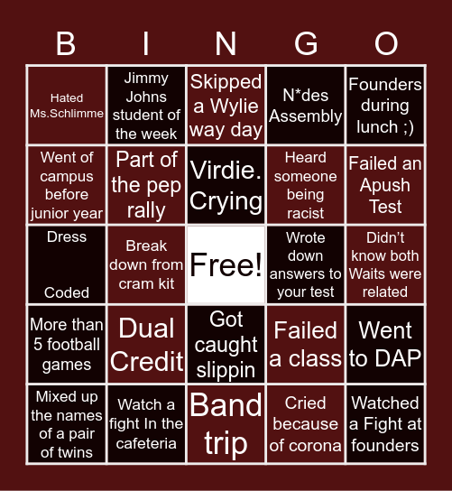 Wylie Bingo Card