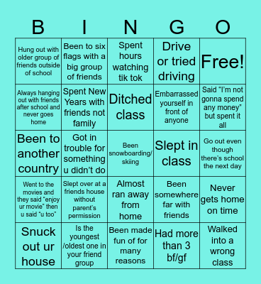 Teenagers edition Bingo Card