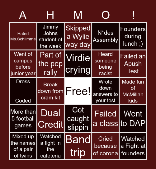 Wylie Bingo Card