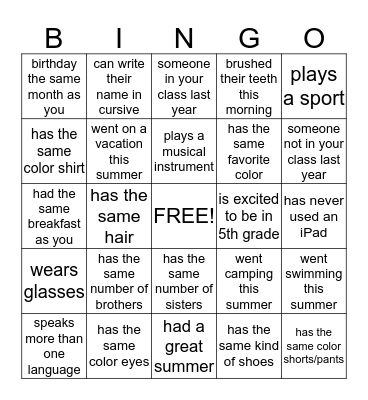 Classmate BINGO Card