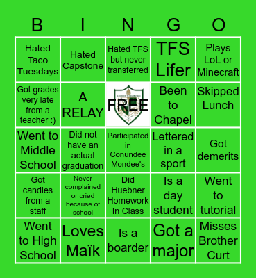 TFS Class of 2020 Bingo Card