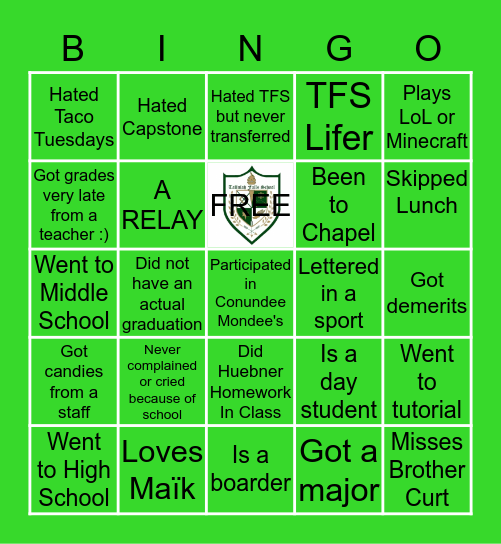 TFS Class of 2020 Bingo Card
