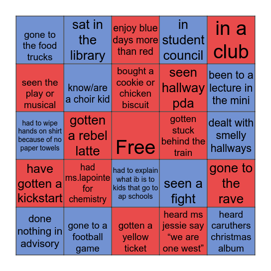 west high bingo Card