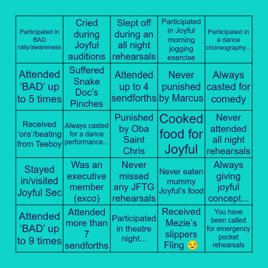 JFTG Alumni Bingo Card