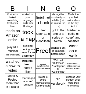 Social Distancing BINGO Card