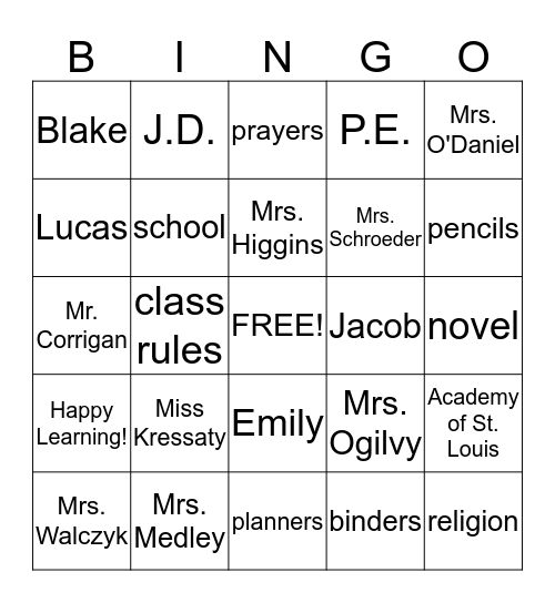 Miss Kressaty's BINGO Card