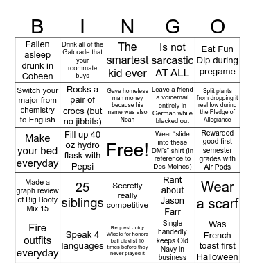 Noah Smith bingo Card