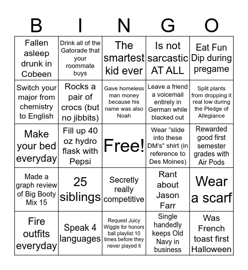 Noah Smith bingo Card