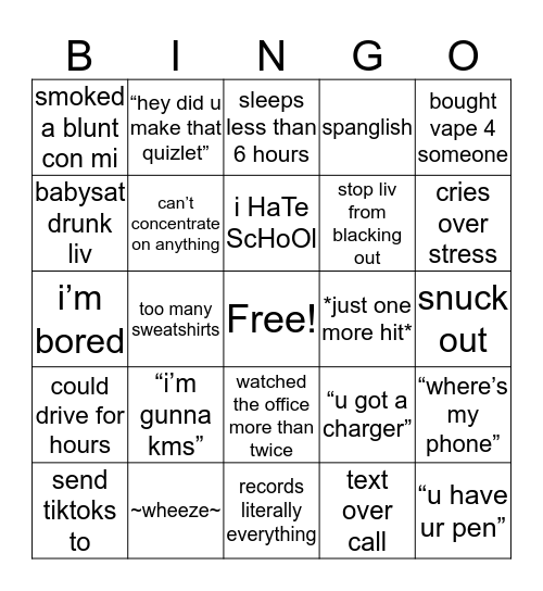 Olivia’s Bingo Card