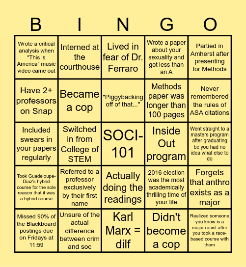 Framingham State College of Social & Behavioral Sciences Bingo Card