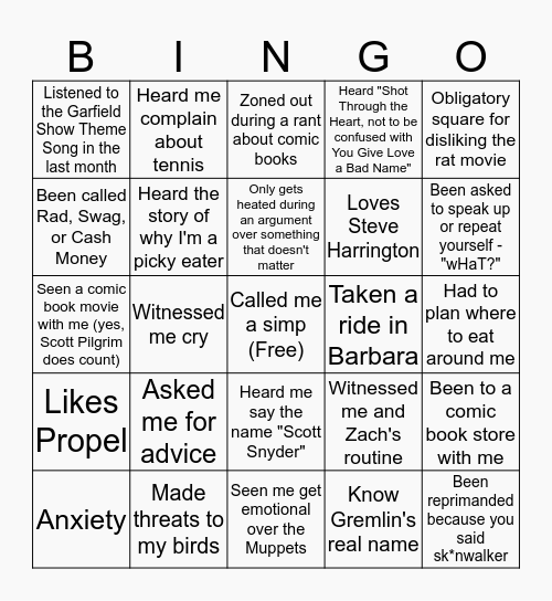 Gavin Bingo Card