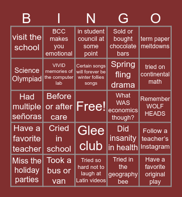 Wilkes Barre Academy Bingo Card