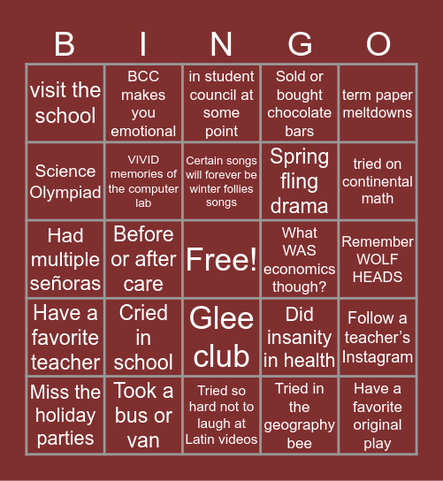 Wilkes Barre Academy Bingo Card