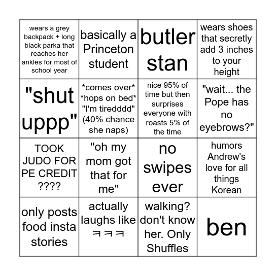 Yunsu Kim Bingo Card