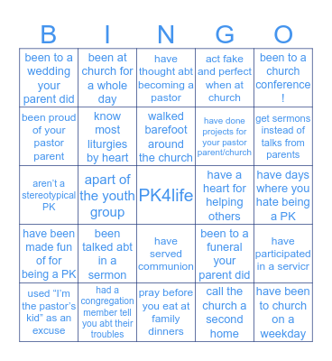 Pastor Kid Bingo Card