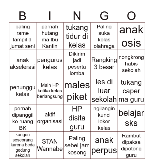 Kamu Semasa Di SMAGA Solo Bingo Card