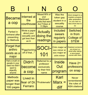 Framingham State College of Social & Behavioral Sciences Bingo Card