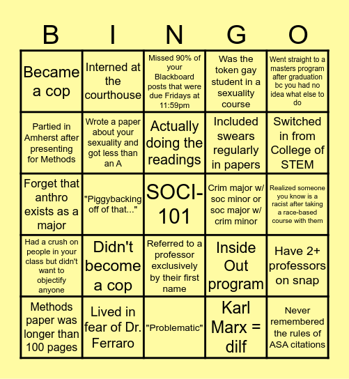 Framingham State College of Social & Behavioral Sciences Bingo Card