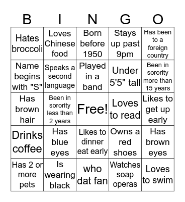 Beta Sigma Phi Bingo Card