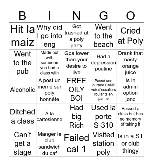 Bienvenue à Poly Bingo Card