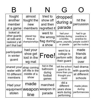 AHS Color Guard Bingo Card
