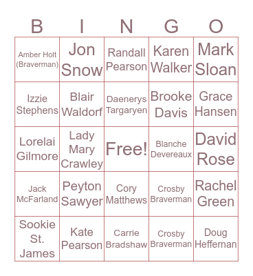 Abby’s Favorite TV Character Bingo Card