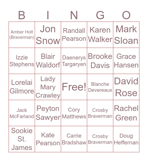 Abby’s Favorite TV Character Bingo Card