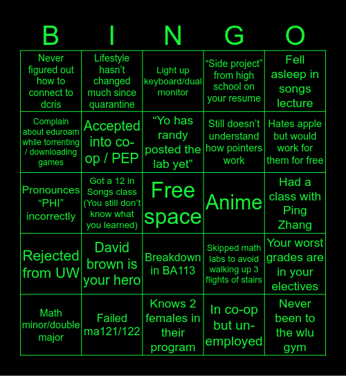 WLU COMPUTER SCIENCE BINGO Card