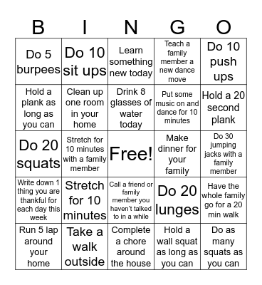 Healthy You Bingo Card